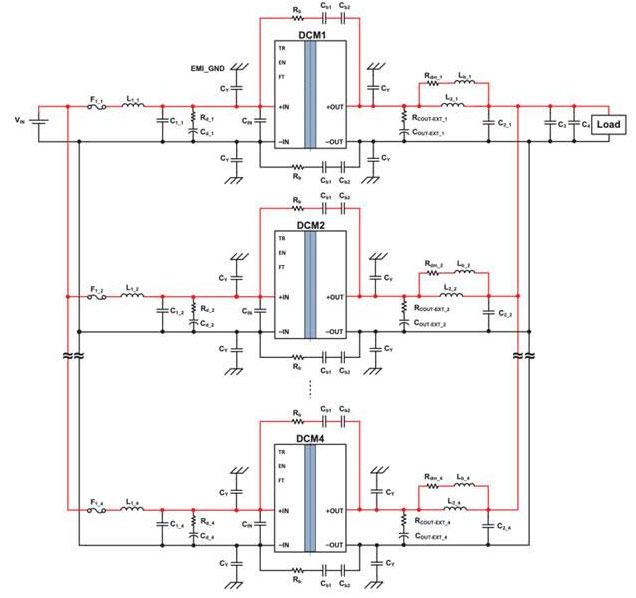 The DCM2322 DC-DC regulated converter can be arranged in an array to deliver up to 800 W; the schematic shows the input filter and decoupling network required for efficient, quiet operation.